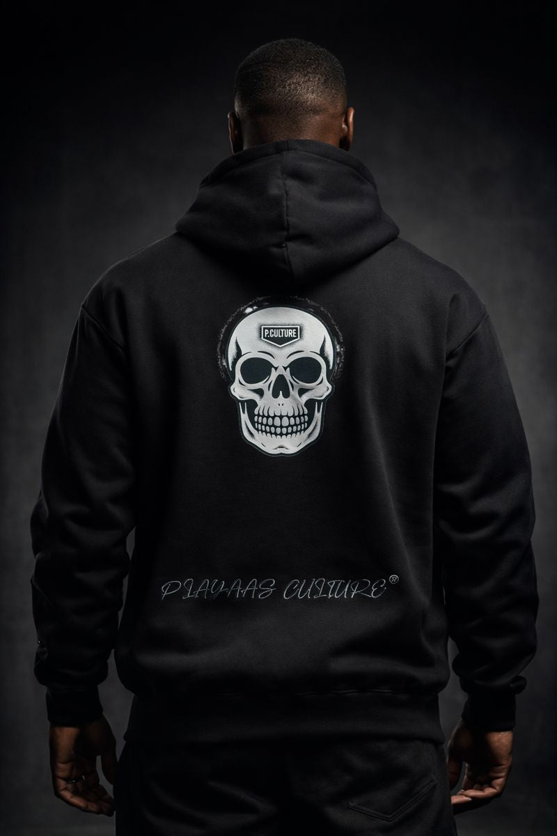 Black Skull Life hoodie by PLAYAAS CULTURE® featuring a large skull graphic on the back and a minimal skull icon on the front, premium streetwear design.