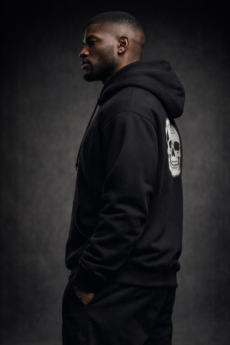 Black Skull Life hoodie by PLAYAAS CULTURE® featuring a large skull graphic on the back and a minimal skull icon on the front, premium streetwear design.