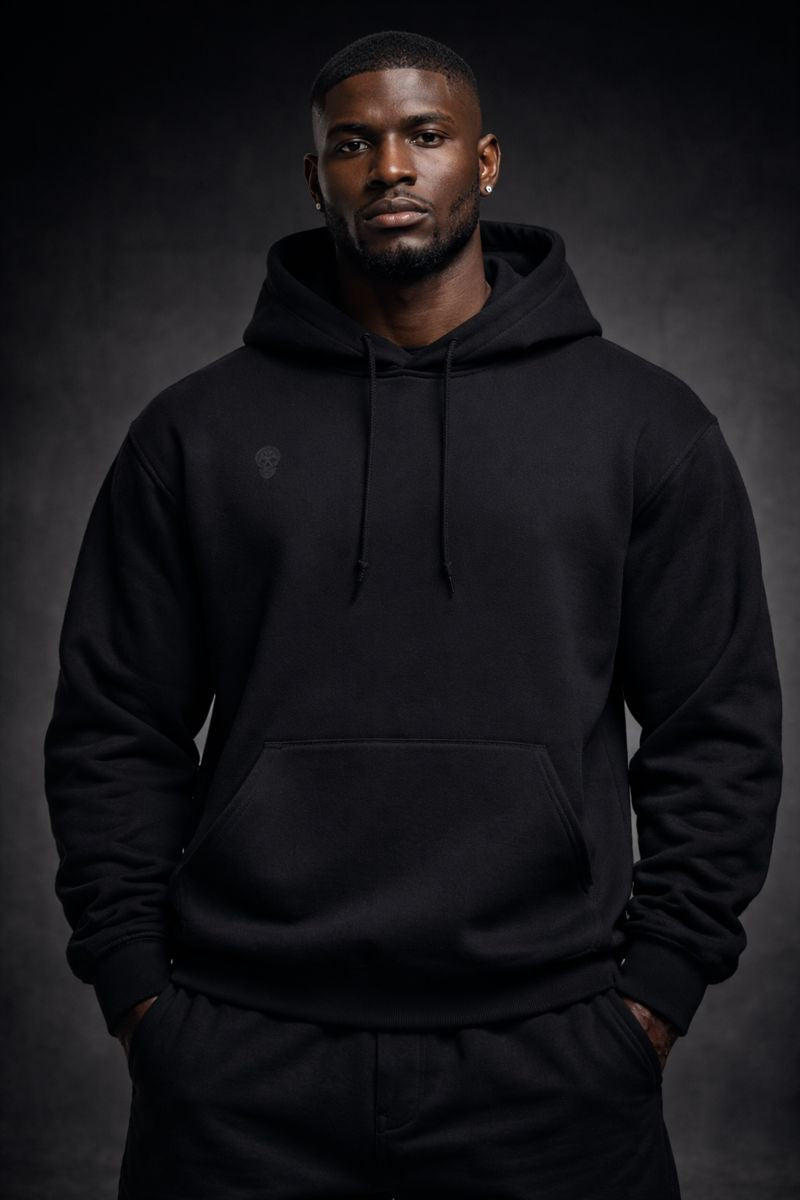 Black Skull Life hoodie by PLAYAAS CULTURE® featuring a large skull graphic on the back and a minimal skull icon on the front, premium streetwear design.