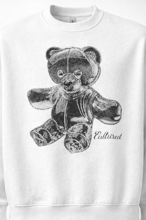 Close-up of teddy bear graphic on PLAYAAS CULTURE® Cultured oversized heavyweight sweatshirt.