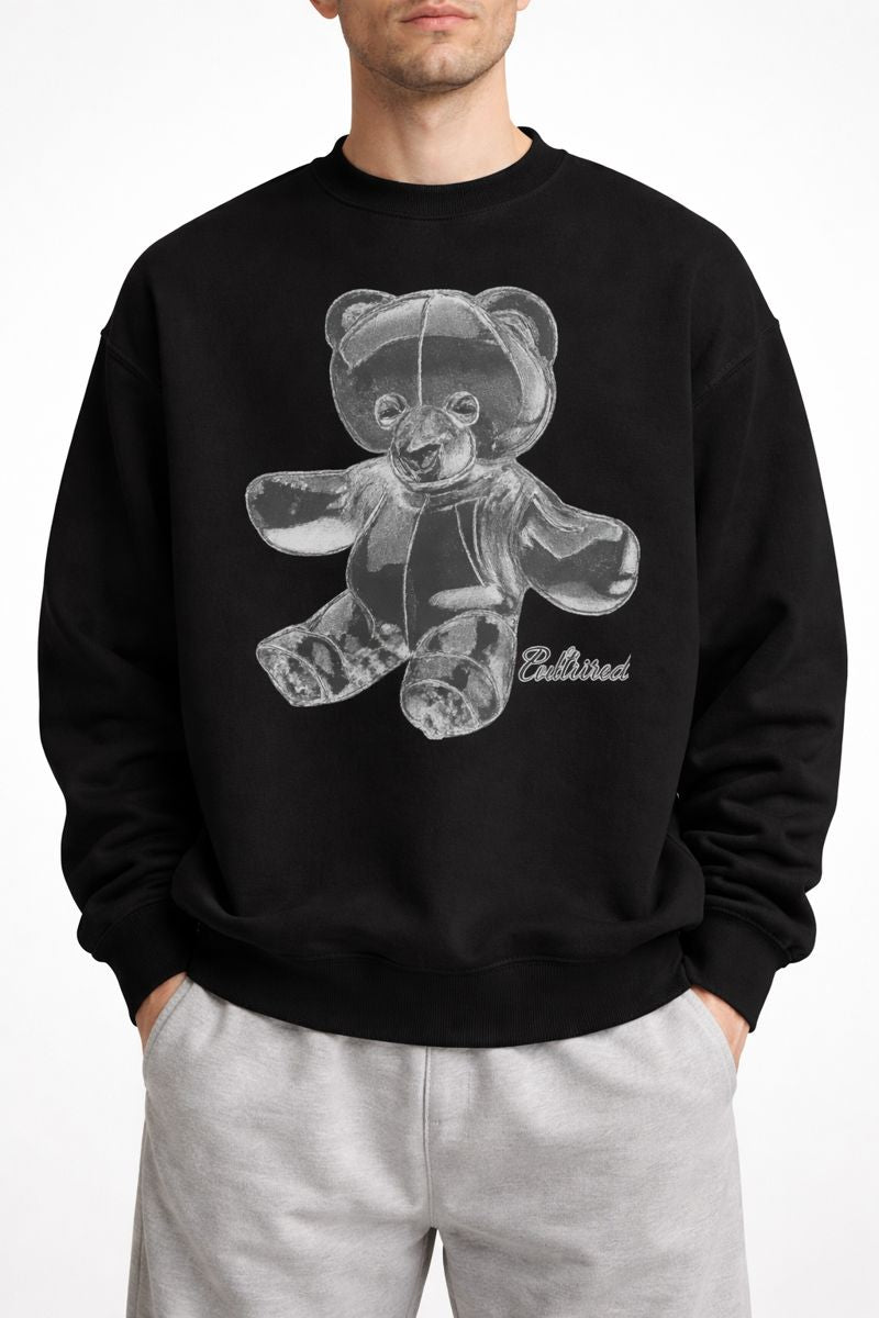 White male model wearing PLAYAAS CULTURE® Cultured oversized heavyweight sweatshirt with teddy bear graphic, front view.