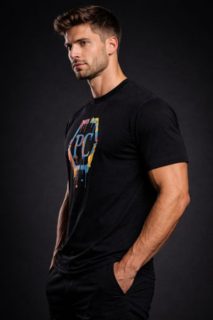 PLAYAAS CULTURE PC DRIP CREST premium graphic t-shirt featuring multicolor paint drip crest logo on black and white cotton tee with gold rear emblem