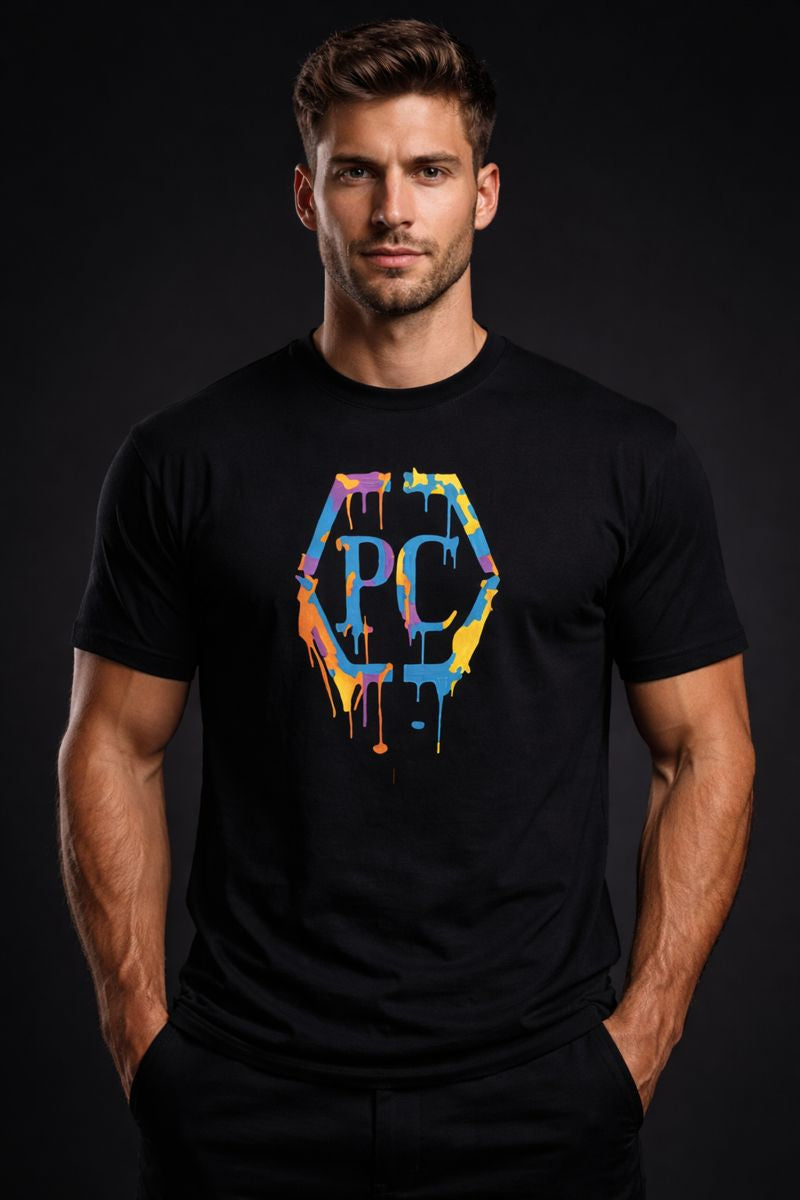 PLAYAAS CULTURE PC DRIP CREST premium graphic t-shirt featuring multicolor paint drip crest logo on black and white cotton tee with gold rear emblem