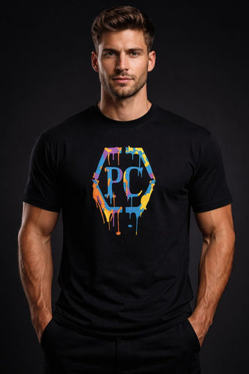 PLAYAAS CULTURE PC DRIP CREST premium graphic t-shirt featuring multicolor paint drip crest logo on black and white cotton tee with gold rear emblem
