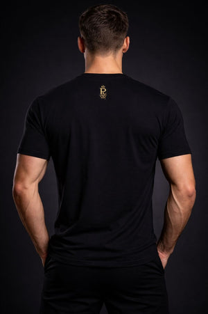 PLAYAAS CULTURE PC DRIP CREST premium graphic t-shirt featuring multicolor paint drip crest logo on black and white cotton tee with gold rear emblem