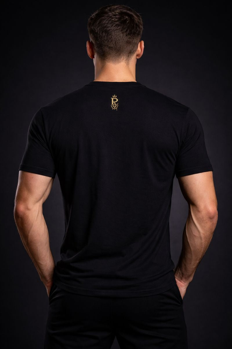 PLAYAAS CULTURE PC DRIP CREST premium graphic t-shirt featuring multicolor paint drip crest logo on black and white cotton tee with gold rear emblem