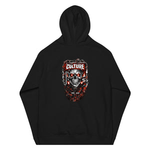 White unisex streetwear hoodie with detailed skull graphic and distressed artwork on back