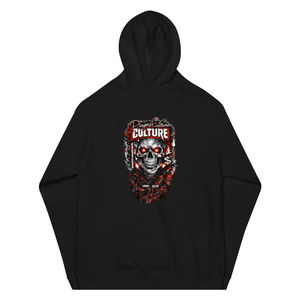 White unisex streetwear hoodie with detailed skull graphic and distressed artwork on back