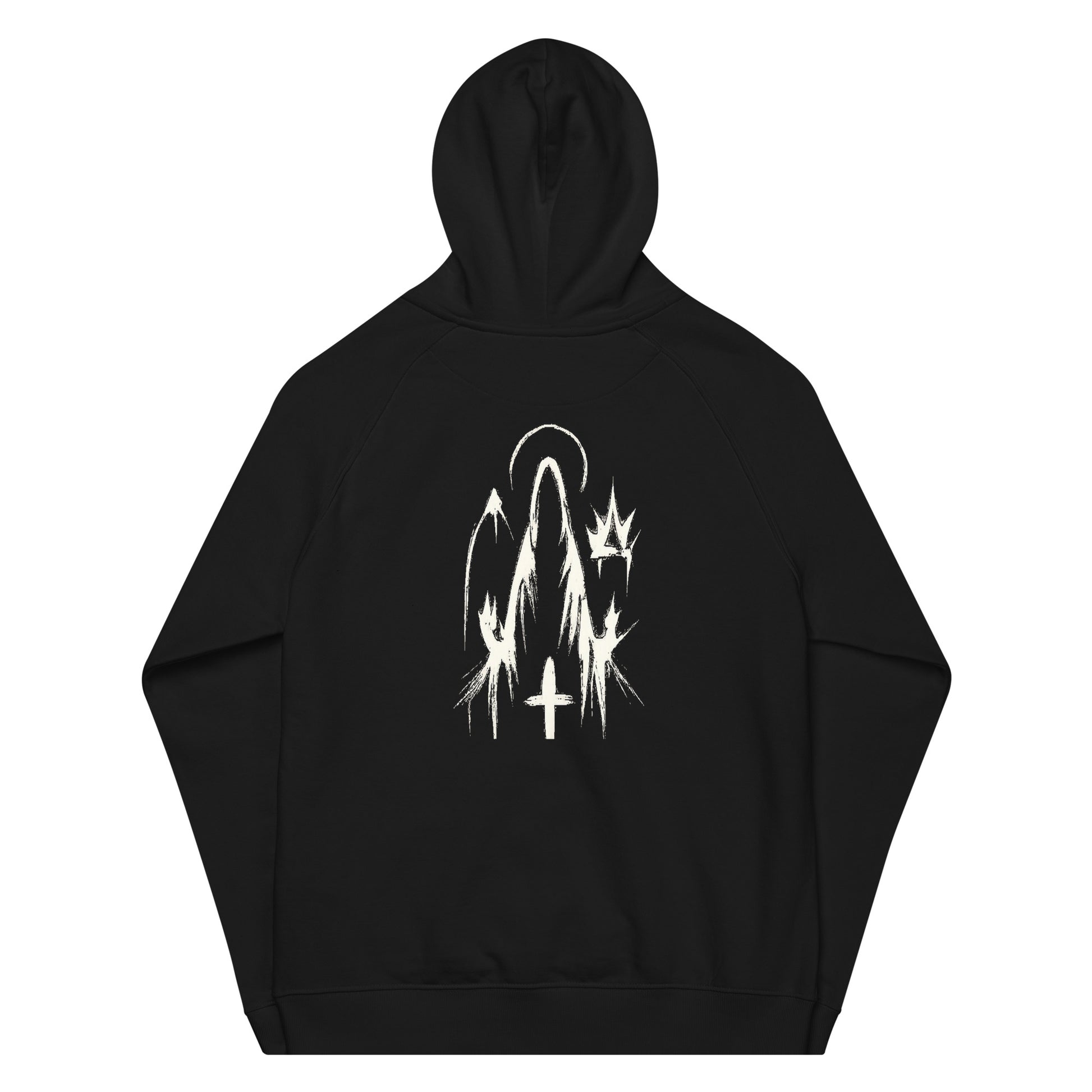 Black premium streetwear hoodie with gold chest crest and symbolic back graphic worn by a Black male model in a minimalist luxury photoshoot.