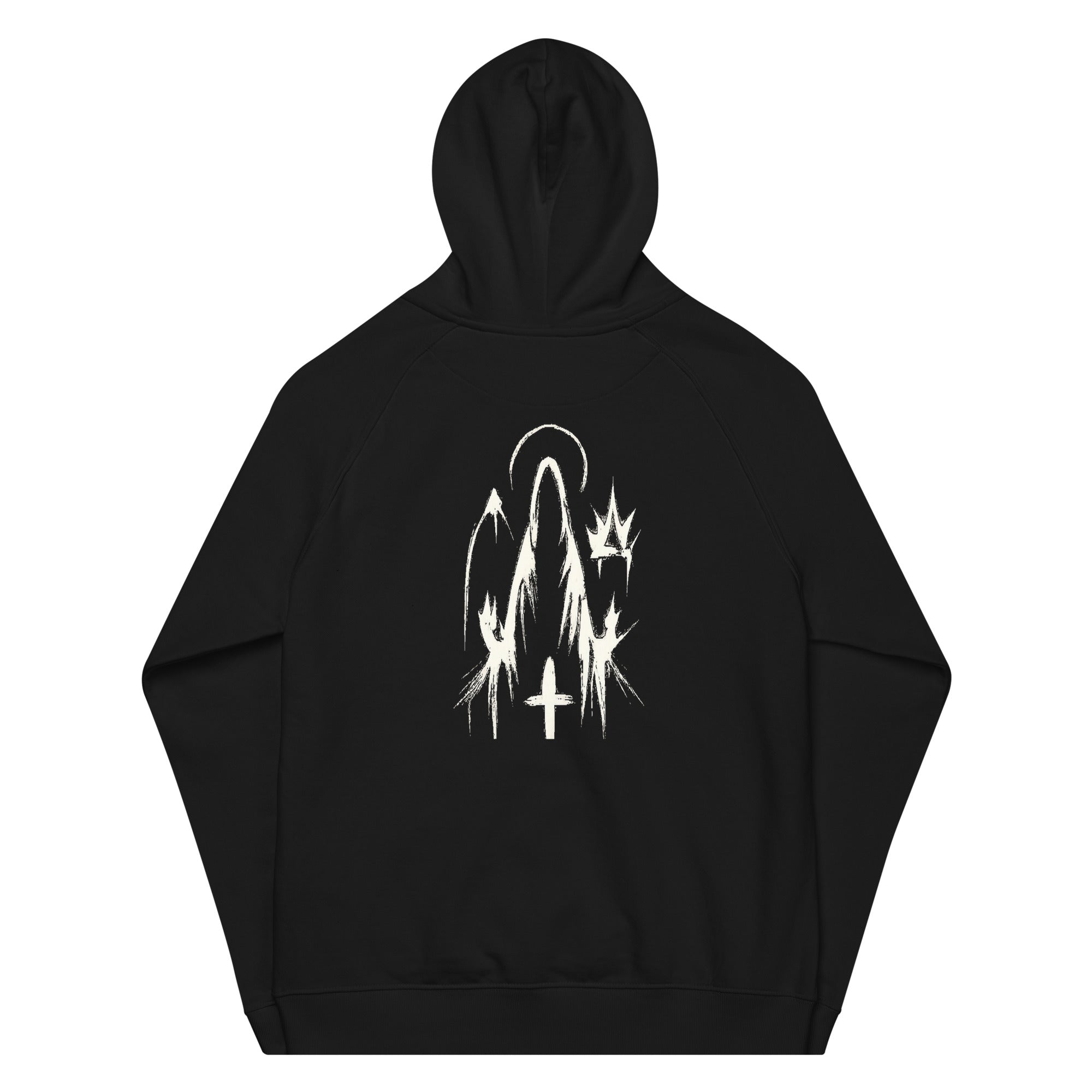 Black premium streetwear hoodie with gold chest crest and symbolic back graphic worn by a Black male model in a minimalist luxury photoshoot.