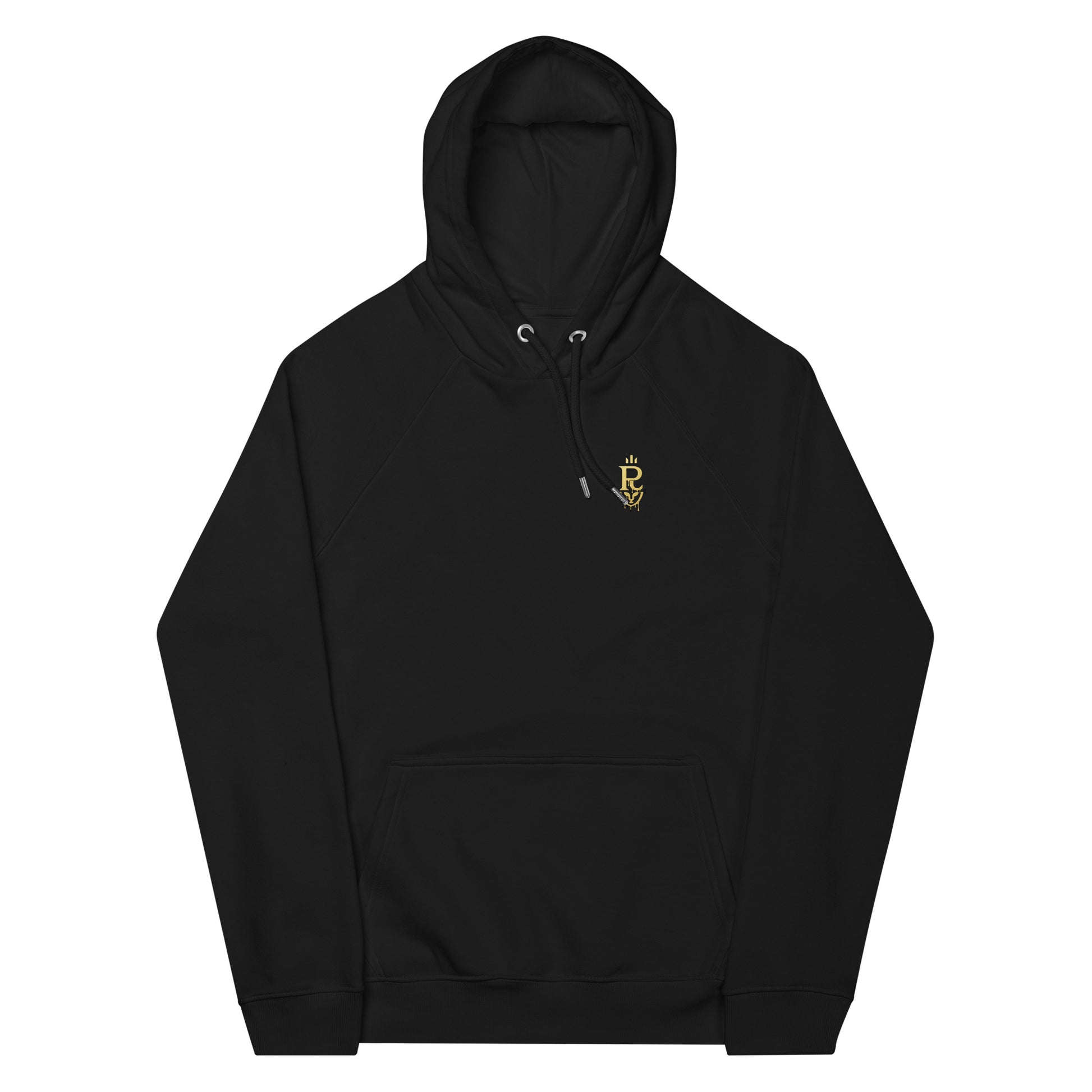 Black premium streetwear hoodie with gold chest crest and symbolic back graphic worn by a Black male model in a minimalist luxury photoshoot.