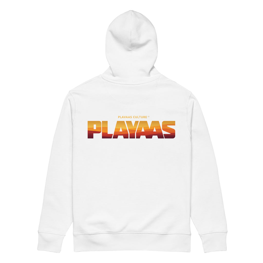 PLAYAAS CULTURE® luxury streetwear hoodie featuring a bold architectural PLAYAAS wordmark with a refined abstract interior pattern on a structured heavyweight silhouette.
