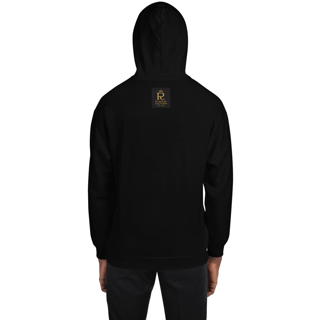 Black luxury streetwear hoodie by PLAYAAS CULTURE featuring tonal SILENT text on the front and a gold crown logo on the back, photographed in a minimal high-end studio setting.