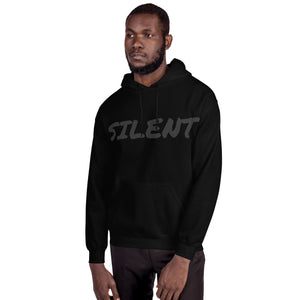 Black luxury streetwear hoodie by PLAYAAS CULTURE featuring tonal SILENT text on the front and a gold crown logo on the back, photographed in a minimal high-end studio setting.