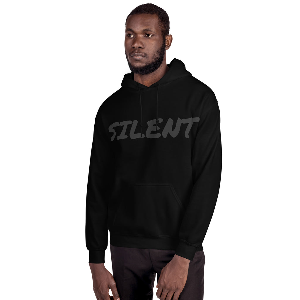 Black luxury streetwear hoodie by PLAYAAS CULTURE featuring tonal SILENT text on the front and a gold crown logo on the back, photographed in a minimal high-end studio setting.