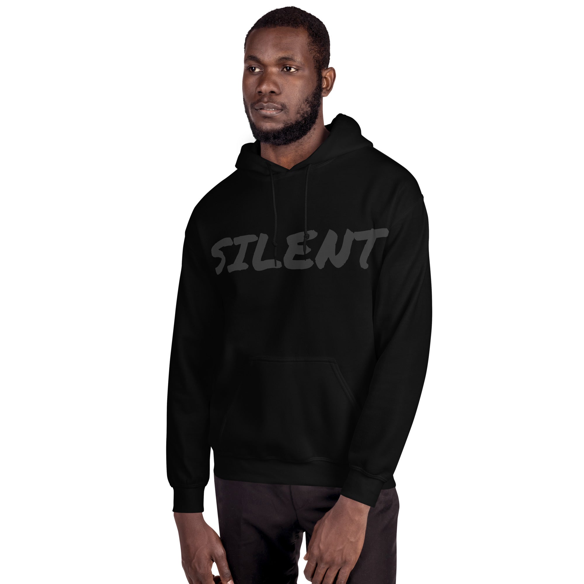 Black luxury streetwear hoodie by PLAYAAS CULTURE featuring tonal SILENT text on the front and a gold crown logo on the back, photographed in a minimal high-end studio setting.