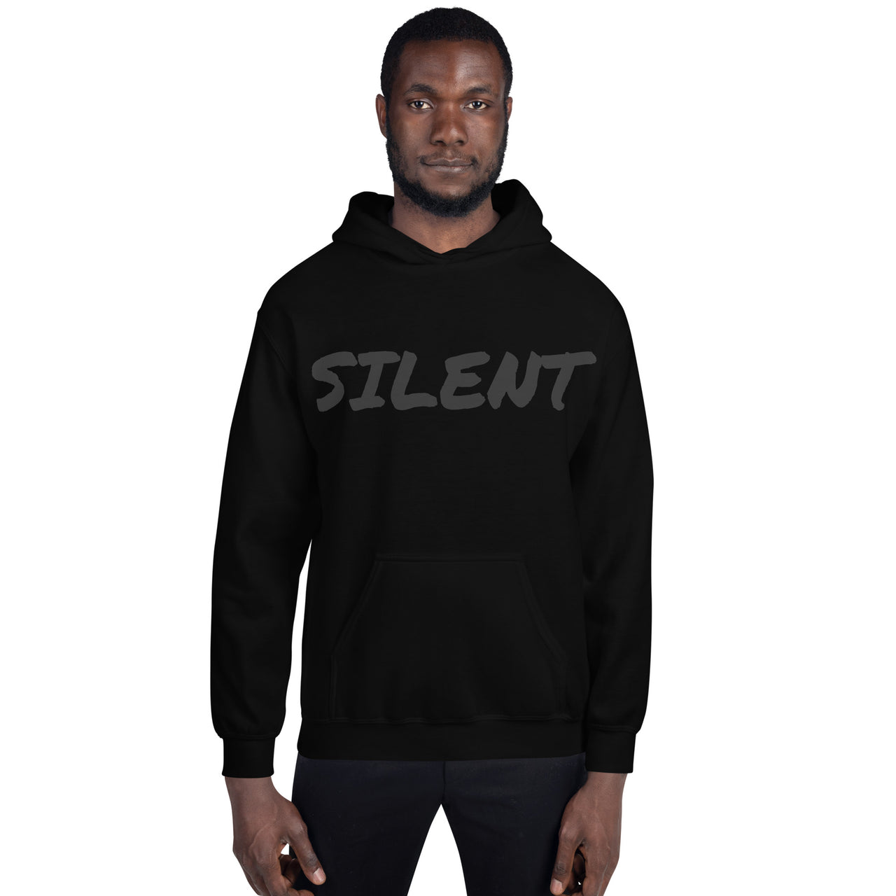 Black luxury streetwear hoodie by PLAYAAS CULTURE featuring tonal SILENT text on the front and a gold crown logo on the back, photographed in a minimal high-end studio setting.