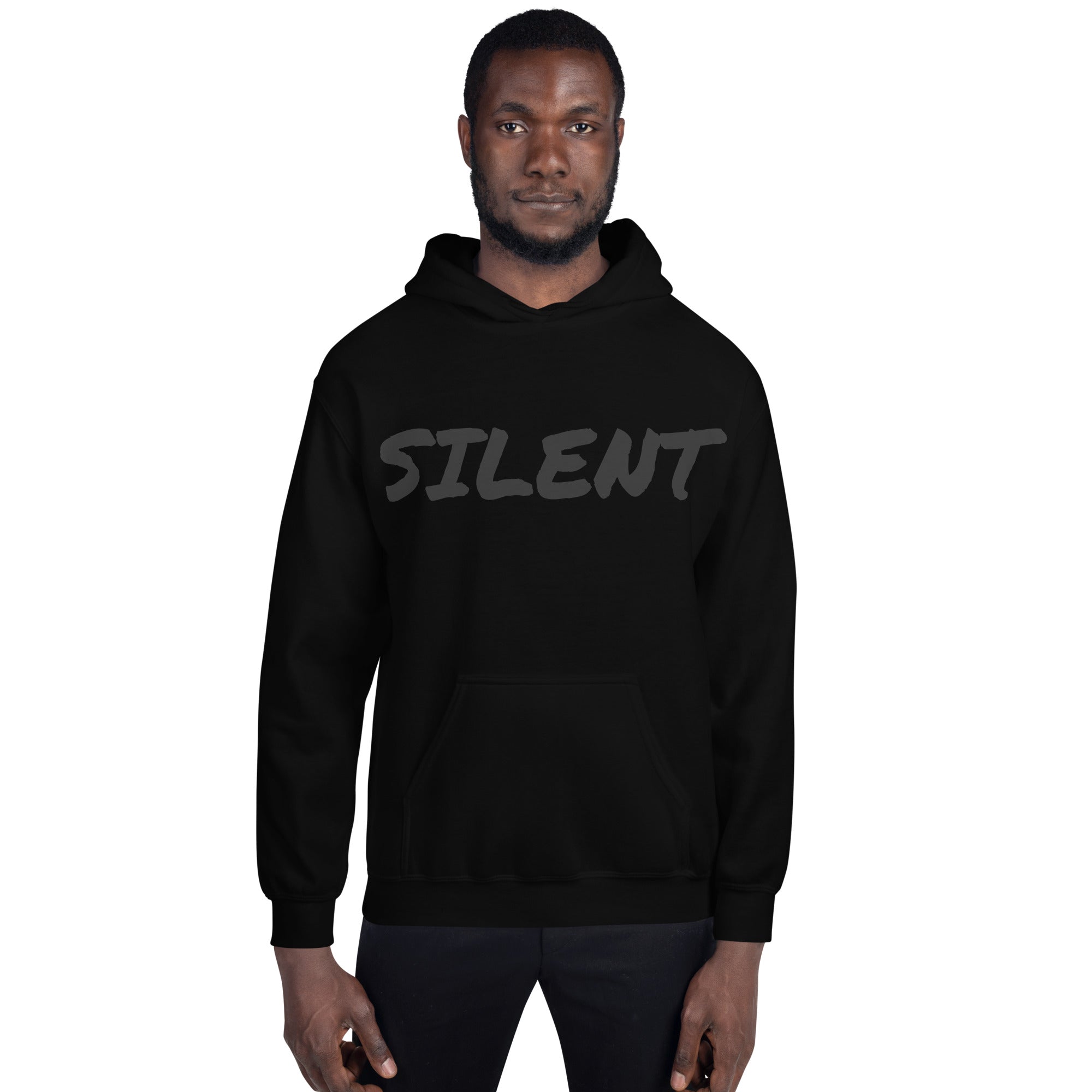Black luxury streetwear hoodie by PLAYAAS CULTURE featuring tonal SILENT text on the front and a gold crown logo on the back, photographed in a minimal high-end studio setting.