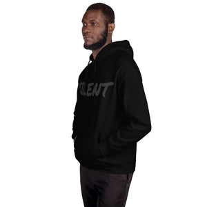 Black luxury streetwear hoodie by PLAYAAS CULTURE featuring tonal SILENT text on the front and a gold crown logo on the back, photographed in a minimal high-end studio setting.