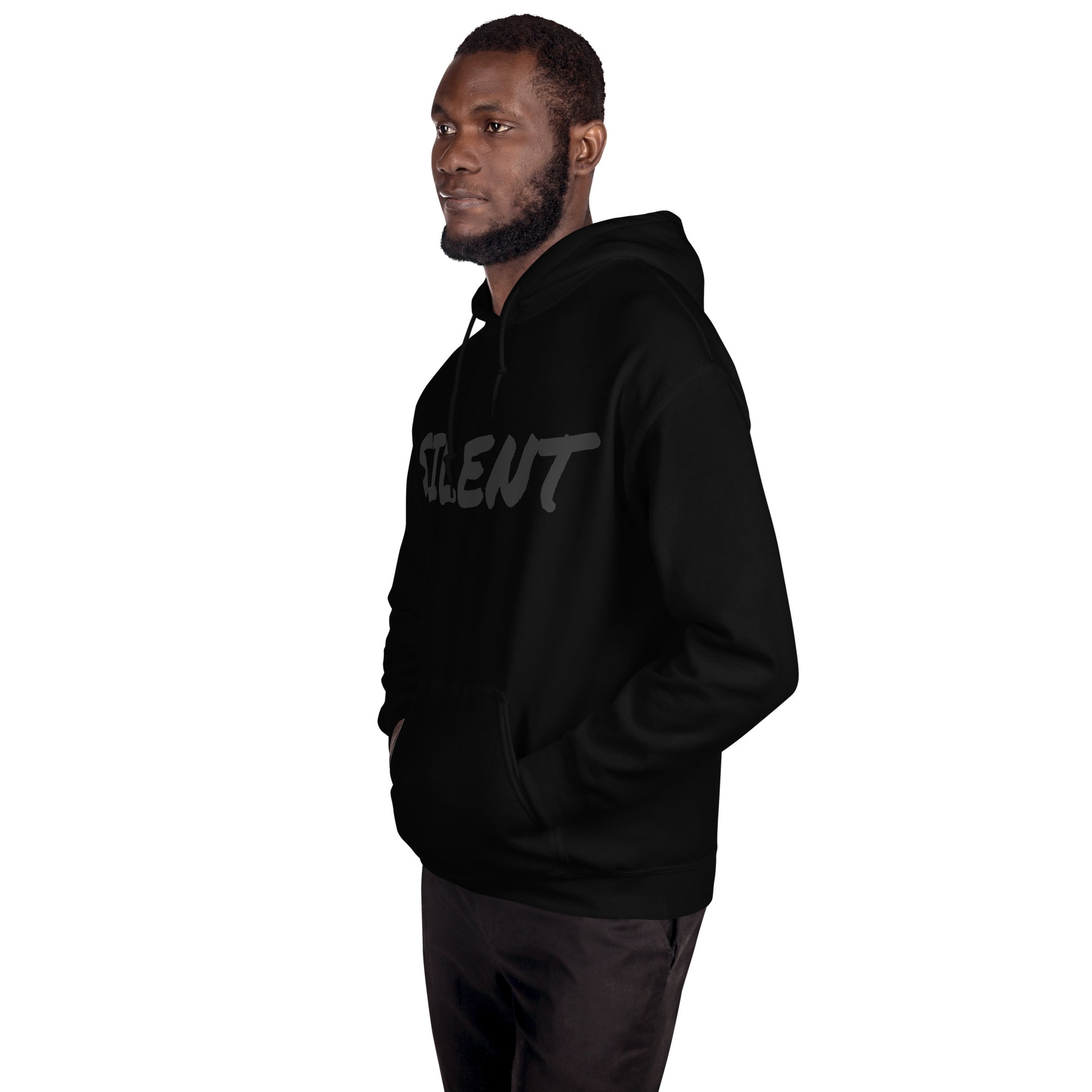 Black luxury streetwear hoodie by PLAYAAS CULTURE featuring tonal SILENT text on the front and a gold crown logo on the back, photographed in a minimal high-end studio setting.