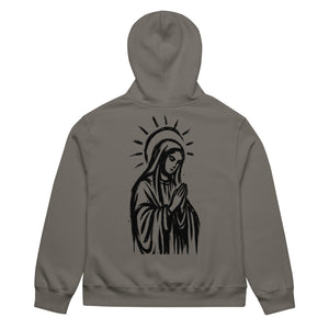Black oversized heavyweight hoodie with praying Madonna back graphic
Asphalt grey oversized heavyweight hoodie with hand-drawn Madonna illustration on back