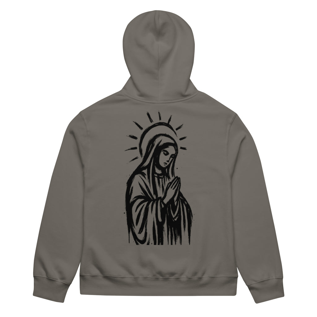 Black oversized heavyweight hoodie with praying Madonna back graphic
Asphalt grey oversized heavyweight hoodie with hand-drawn Madonna illustration on back