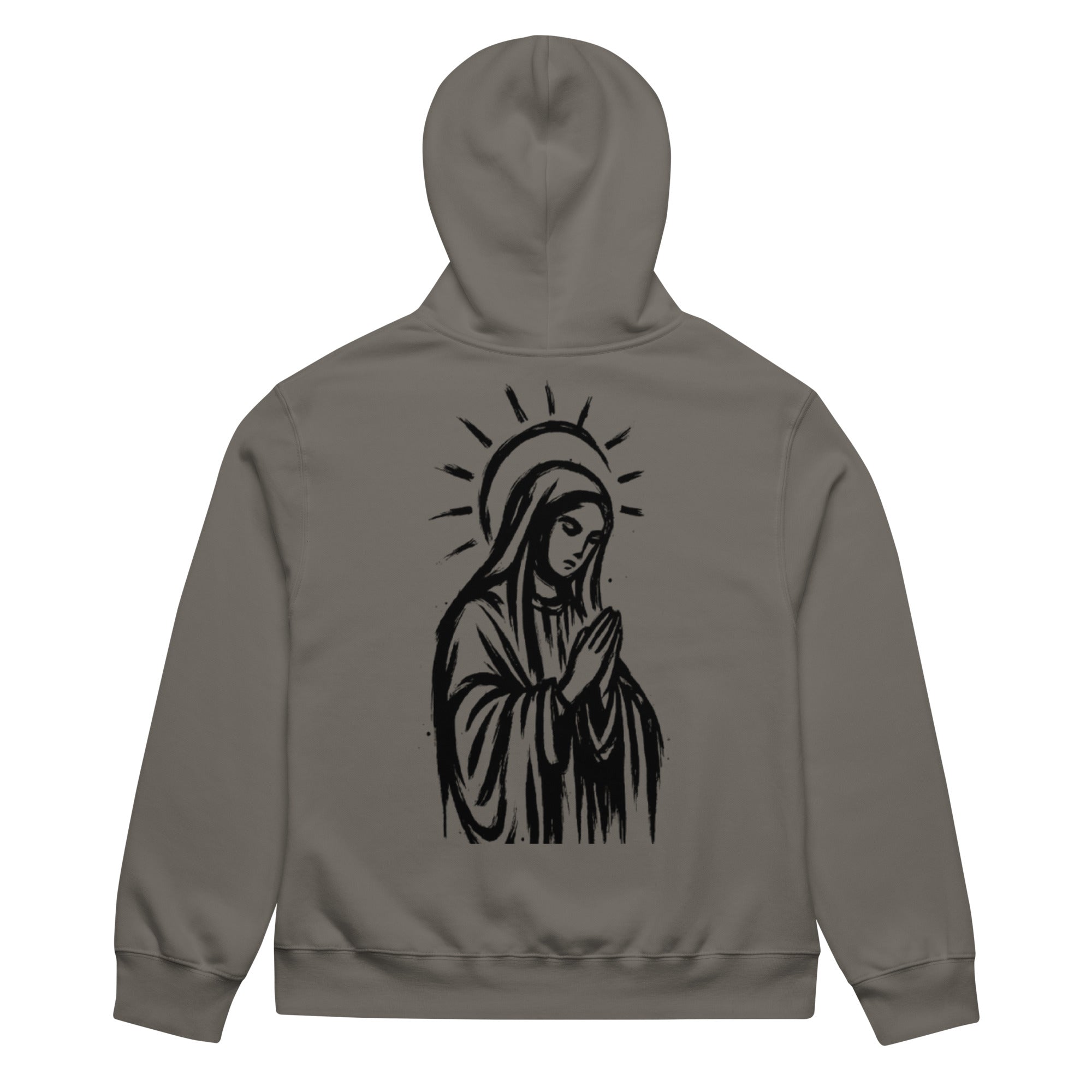 Black oversized heavyweight hoodie with praying Madonna back graphic
Asphalt grey oversized heavyweight hoodie with hand-drawn Madonna illustration on back