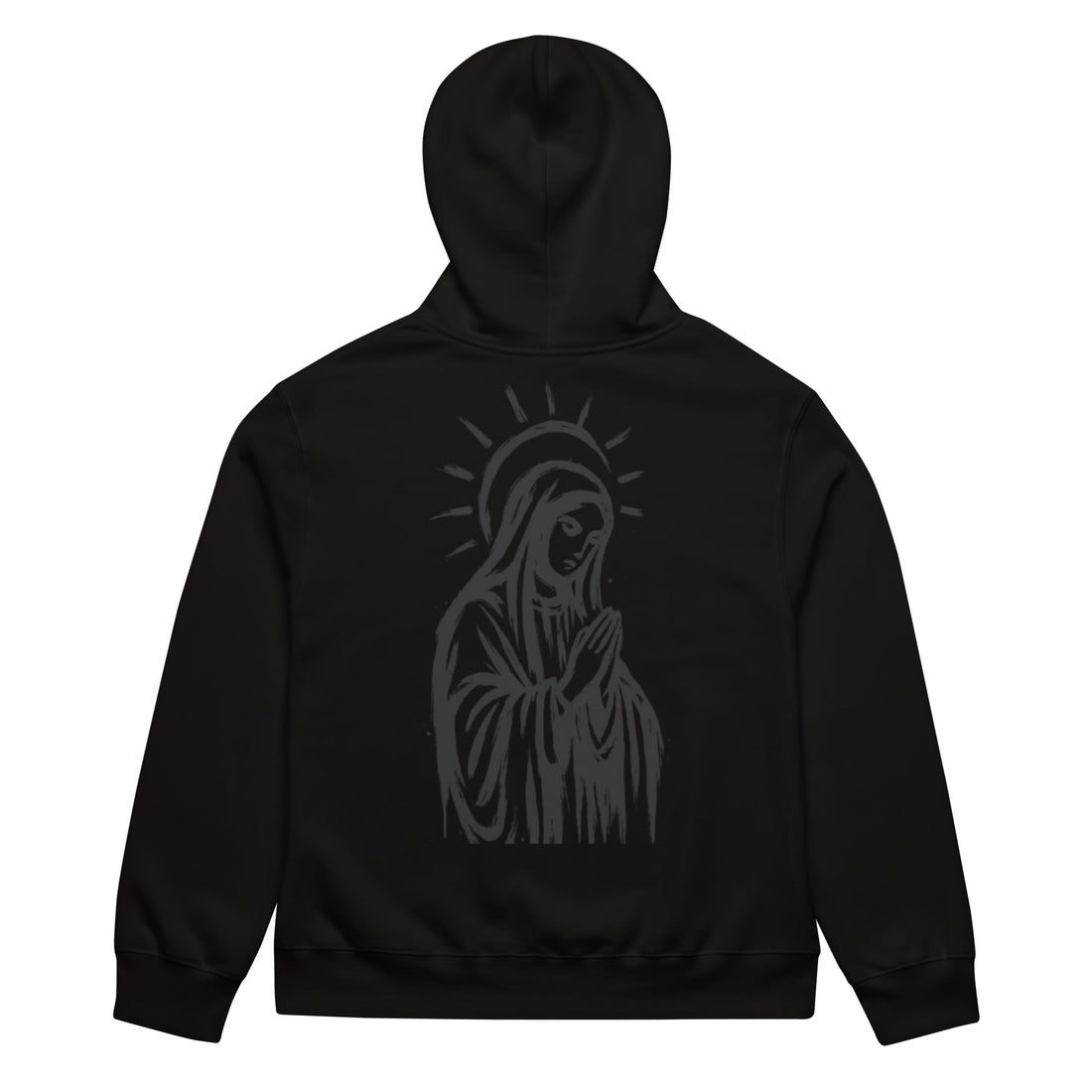 Black oversized heavyweight hoodie with praying Madonna back graphic
Asphalt grey oversized heavyweight hoodie with hand-drawn Madonna illustration on back