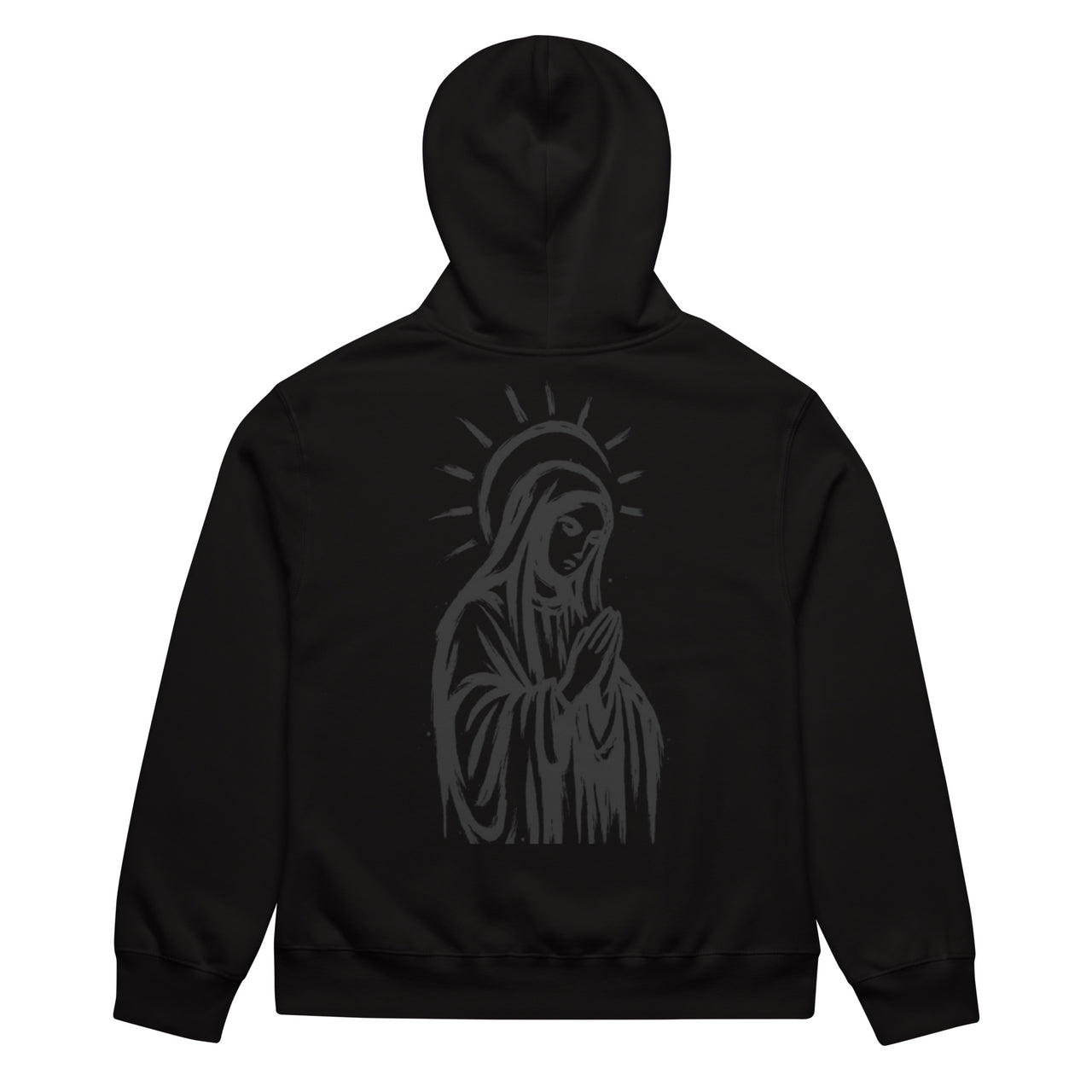 Black oversized heavyweight hoodie with praying Madonna back graphic
Asphalt grey oversized heavyweight hoodie with hand-drawn Madonna illustration on back