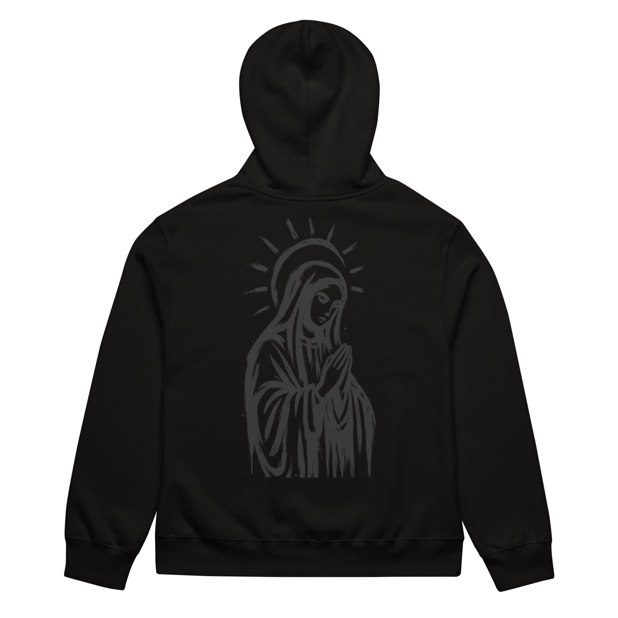 Black oversized heavyweight hoodie with praying Madonna back graphic
Asphalt grey oversized heavyweight hoodie with hand-drawn Madonna illustration on back