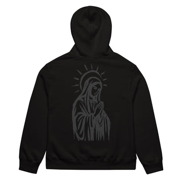 Black oversized heavyweight hoodie with praying Madonna back graphic
Asphalt grey oversized heavyweight hoodie with hand-drawn Madonna illustration on back