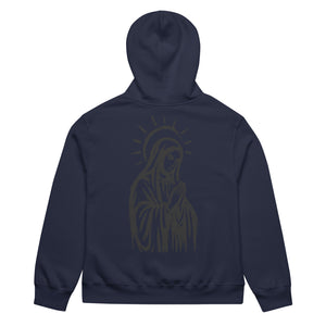 Black oversized heavyweight hoodie with praying Madonna back graphic
Asphalt grey oversized heavyweight hoodie with hand-drawn Madonna illustration on back
