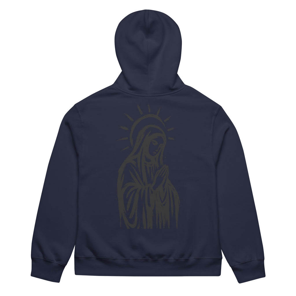 Black oversized heavyweight hoodie with praying Madonna back graphic
Asphalt grey oversized heavyweight hoodie with hand-drawn Madonna illustration on back