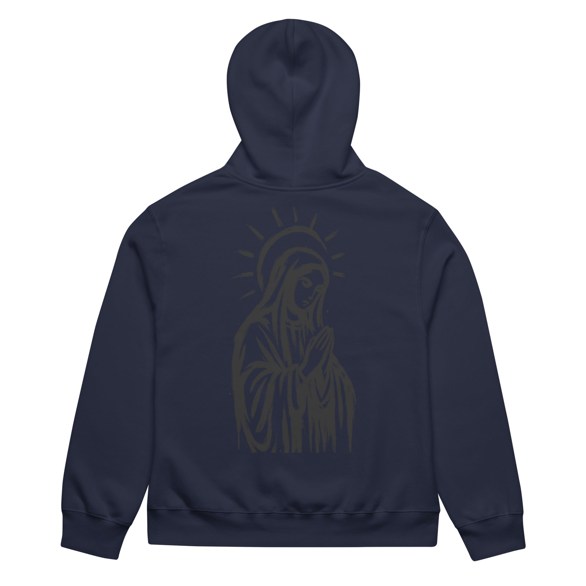 Black oversized heavyweight hoodie with praying Madonna back graphic
Asphalt grey oversized heavyweight hoodie with hand-drawn Madonna illustration on back
