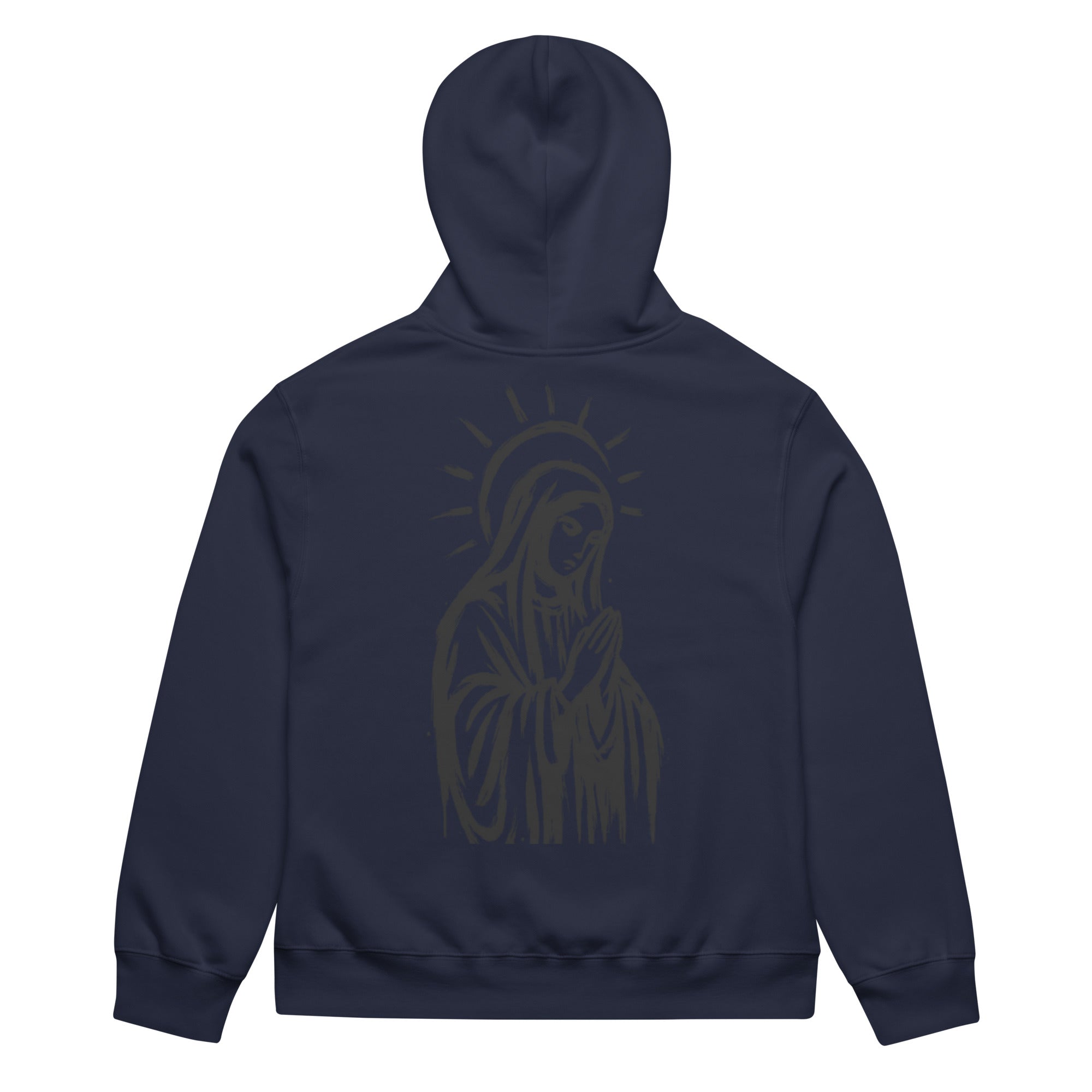 Black oversized heavyweight hoodie with praying Madonna back graphic
Asphalt grey oversized heavyweight hoodie with hand-drawn Madonna illustration on back