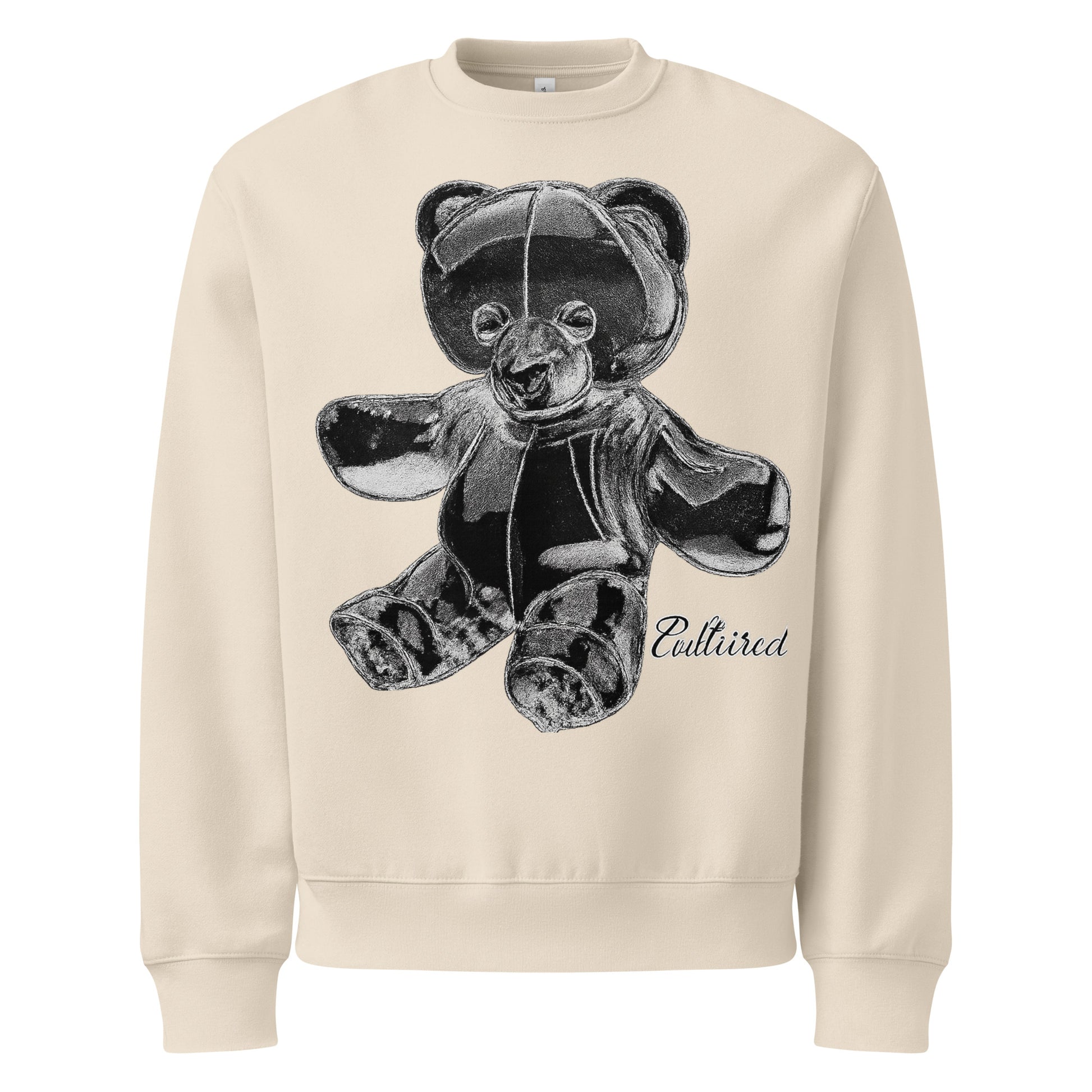 Close-up of teddy bear graphic on PLAYAAS CULTURE® Cultured oversized heavyweight sweatshirt.