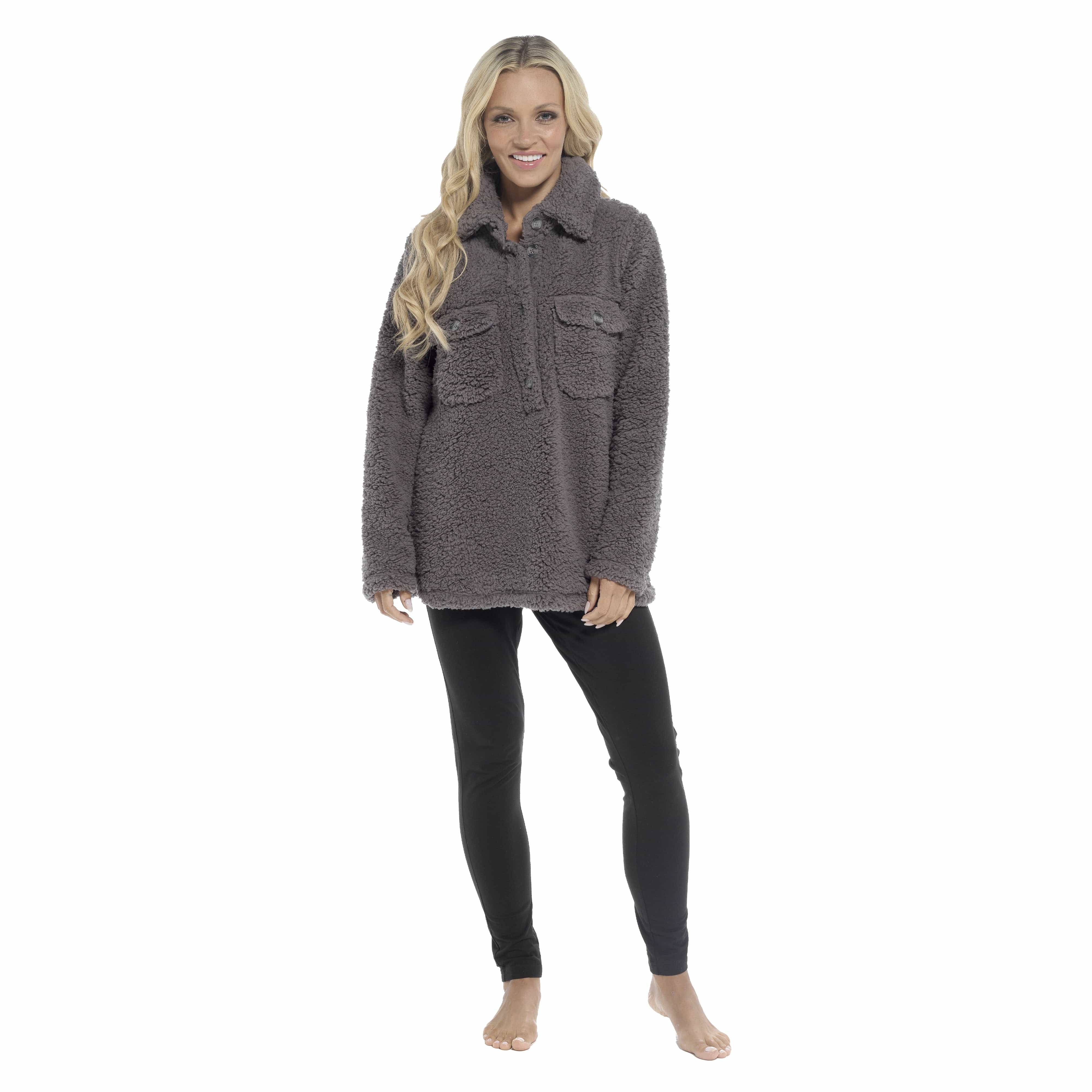 OLIVIA ROCCO Womens Sherpa Top And Leggings Lounge Set With Double Pockets Long Sleeve Lightweight Pajamas Ideal For Chilly Days