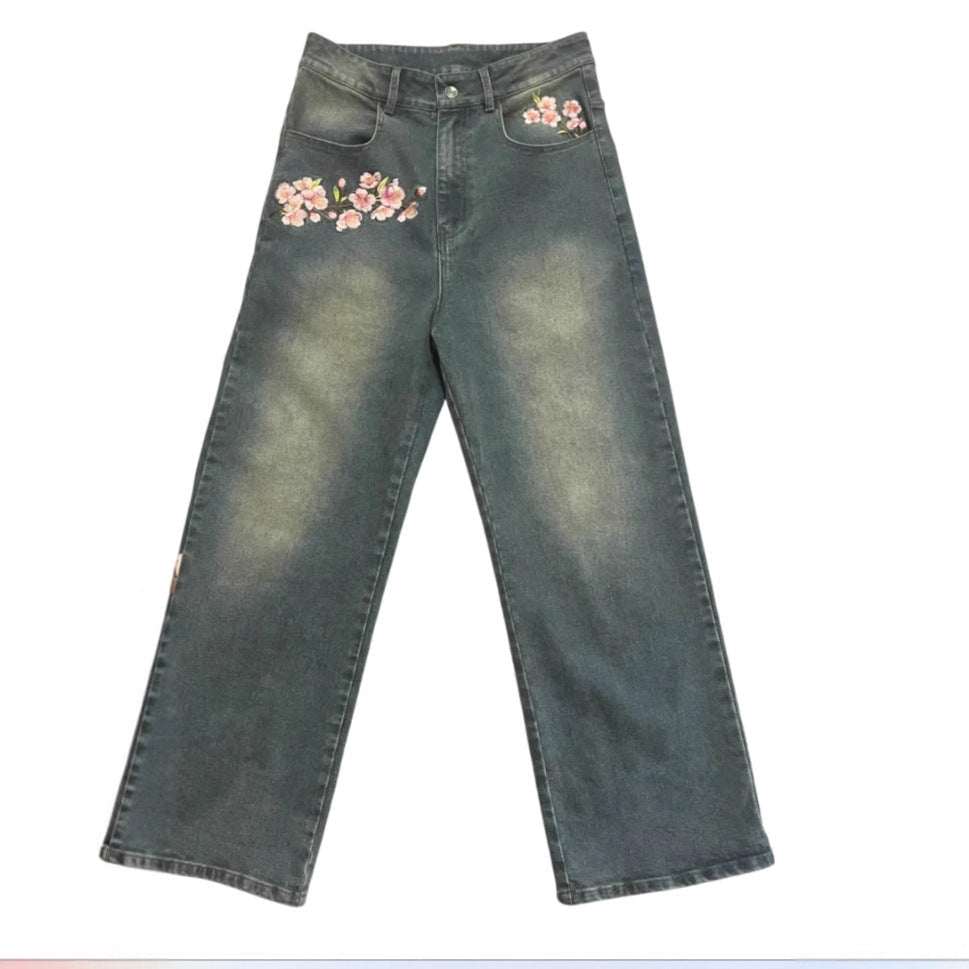 Women's Embroidered Wide-leg Jeans with high-style silhouette and eye-catching embroidery for casual and chic looks
