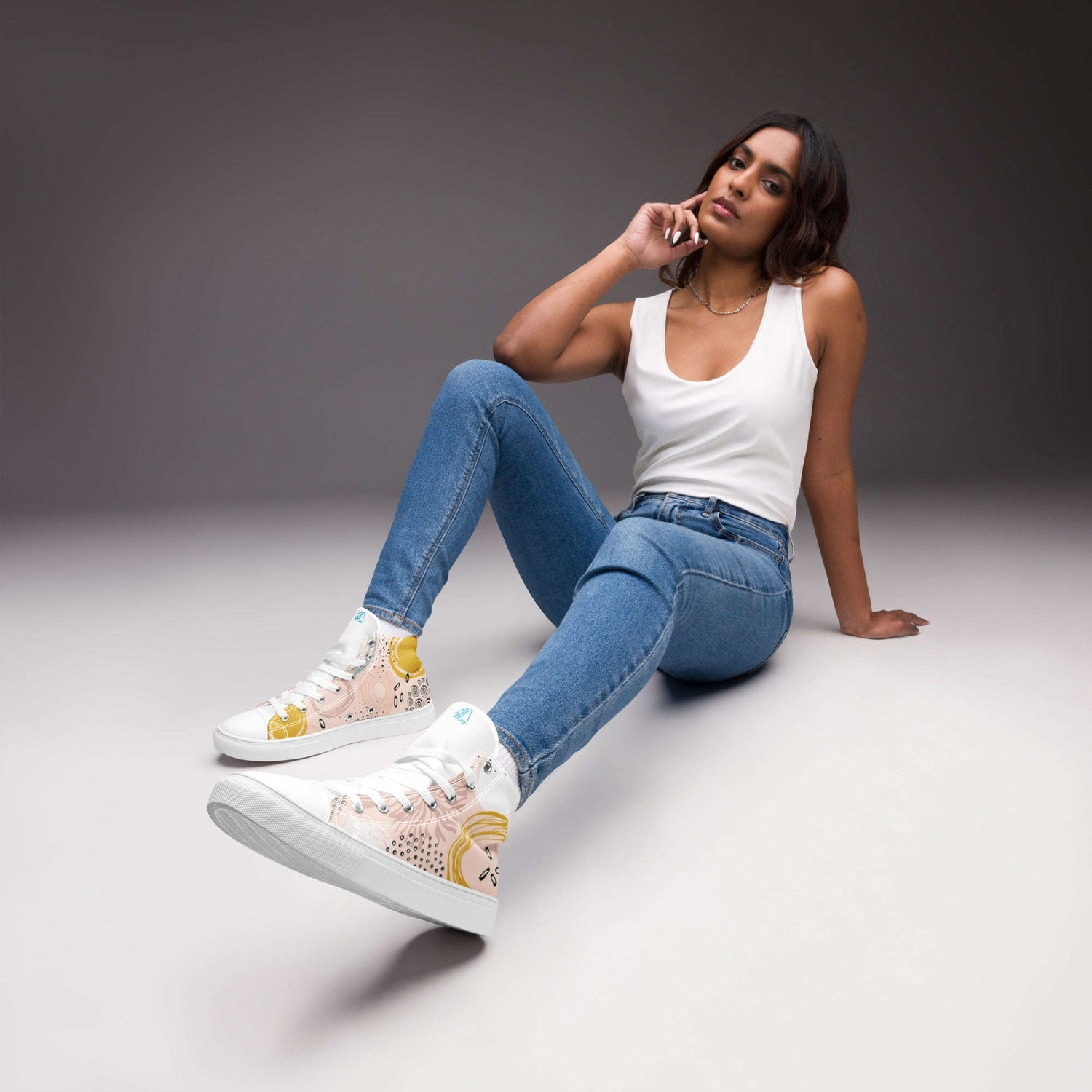 Women’s high top canvas shoes with rose pattern and white laces